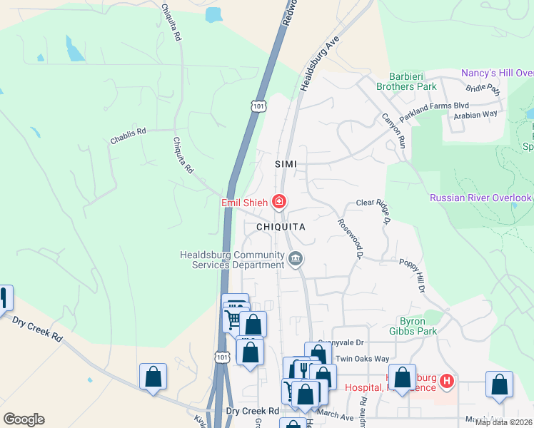 map of restaurants, bars, coffee shops, grocery stores, and more near 51 Chiquita Road in Healdsburg