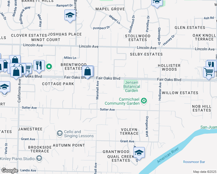 map of restaurants, bars, coffee shops, grocery stores, and more near 8366 Fair Oaks Boulevard in Carmichael