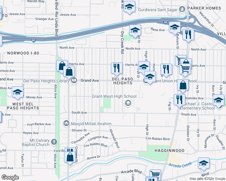 map of restaurants, bars, coffee shops, grocery stores, and more near 3717 Clay Street in Sacramento