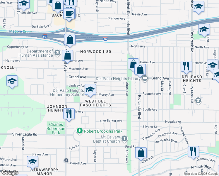 map of restaurants, bars, coffee shops, grocery stores, and more near 646 Lindsay Avenue in Sacramento