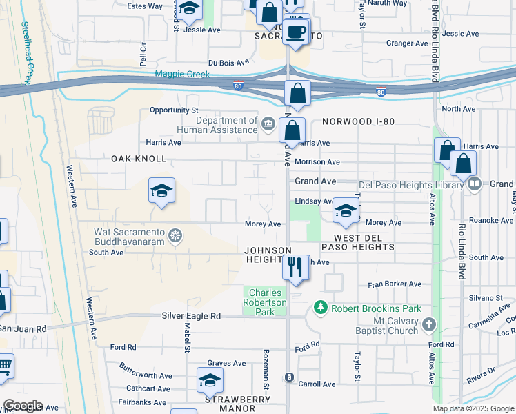 map of restaurants, bars, coffee shops, grocery stores, and more near 3716 Didcot Circle in Sacramento