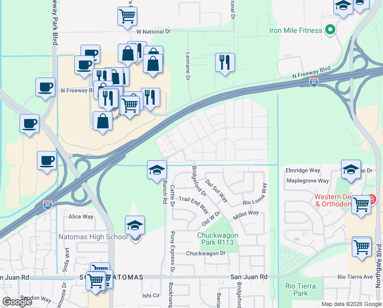 map of restaurants, bars, coffee shops, grocery stores, and more near 18 Bridgehome Court in Sacramento