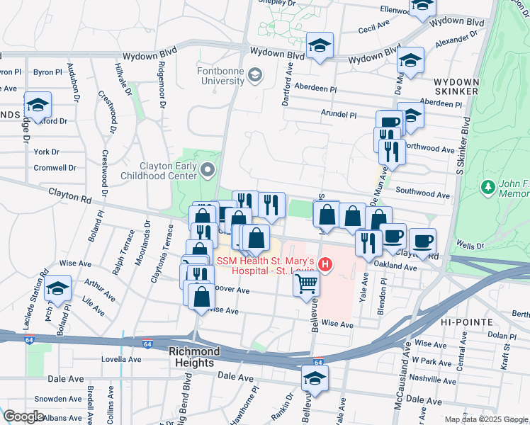 map of restaurants, bars, coffee shops, grocery stores, and more near 6625 Alamo Avenue in Clayton