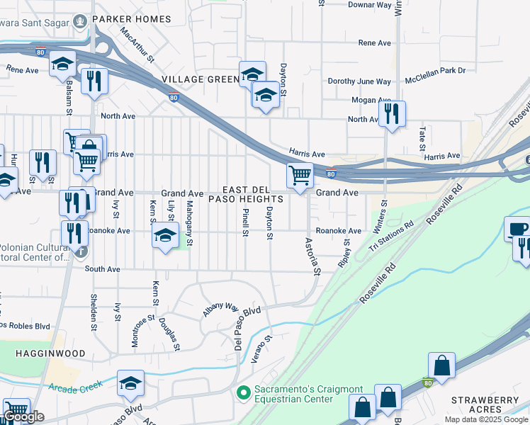 map of restaurants, bars, coffee shops, grocery stores, and more near 3721 Dayton Street in Sacramento