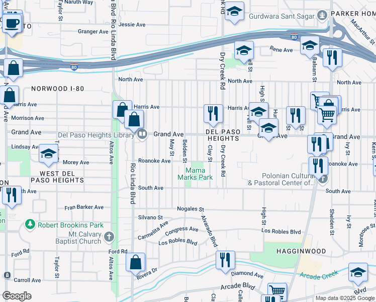 map of restaurants, bars, coffee shops, grocery stores, and more near 3716 Belden Street in Sacramento