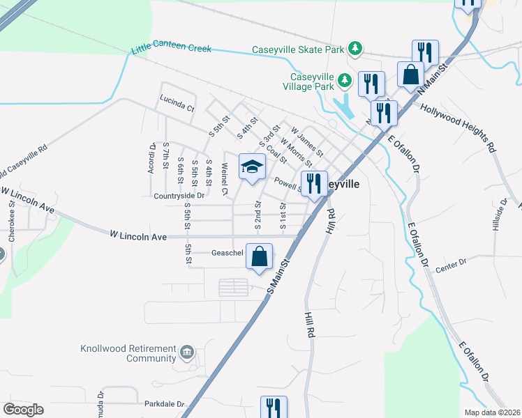 map of restaurants, bars, coffee shops, grocery stores, and more near 115 West Washington Street in Caseyville