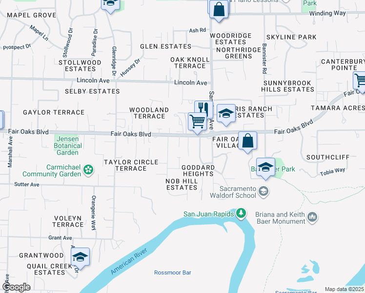 map of restaurants, bars, coffee shops, grocery stores, and more near 3930 Renner Street in Carmichael
