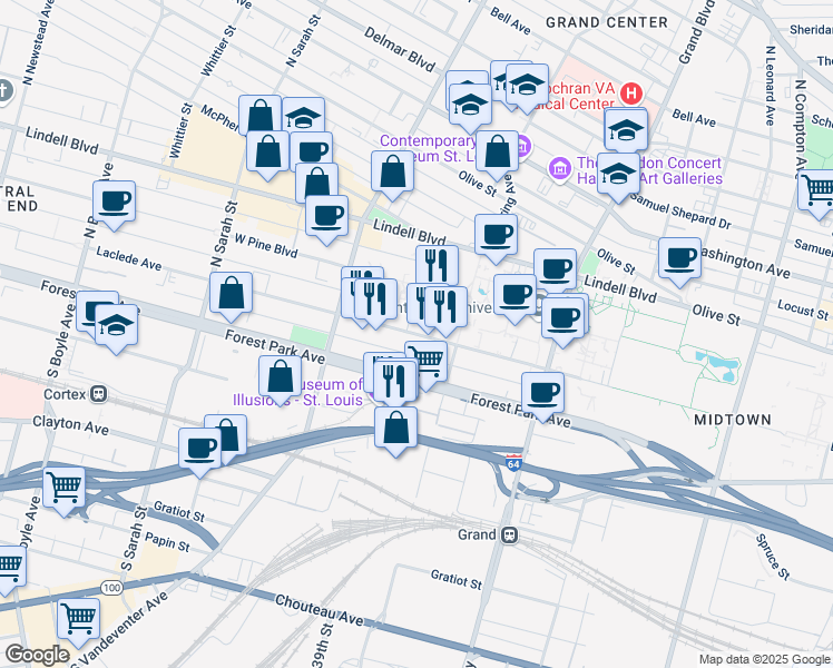 map of restaurants, bars, coffee shops, grocery stores, and more near 3743 Laclede Ave in St Louis