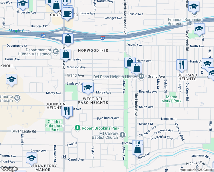map of restaurants, bars, coffee shops, grocery stores, and more near 646 Lindsay Avenue in Sacramento