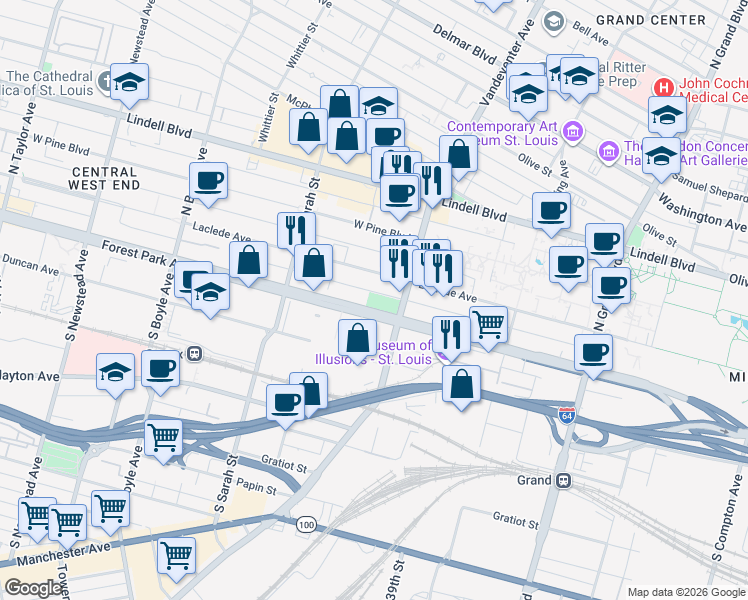 map of restaurants, bars, coffee shops, grocery stores, and more near 3901 Forest Park Avenue in St. Louis