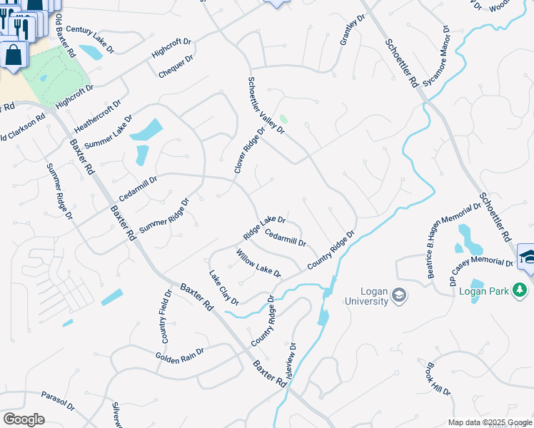 map of restaurants, bars, coffee shops, grocery stores, and more near 1902 Ridge Lake Drive in Chesterfield