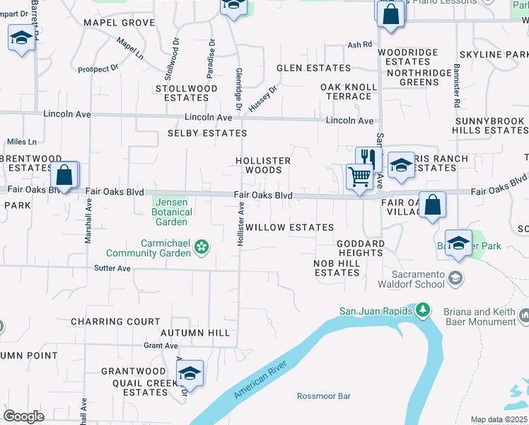 map of restaurants, bars, coffee shops, grocery stores, and more near 8732 Fair Oaks Boulevard in Carmichael