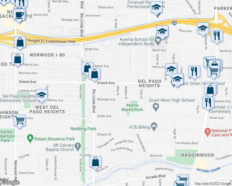map of restaurants, bars, coffee shops, grocery stores, and more near 3717 May St in Sacramento