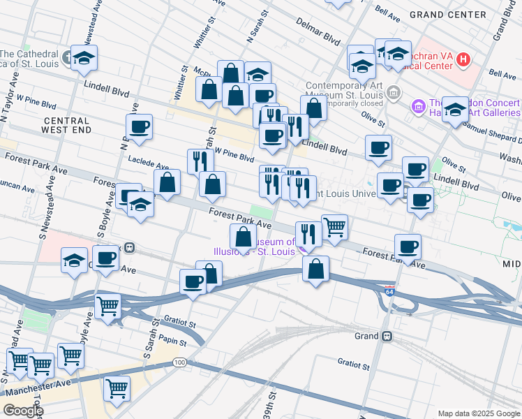 map of restaurants, bars, coffee shops, grocery stores, and more near 3901 Forest Park Avenue in St. Louis