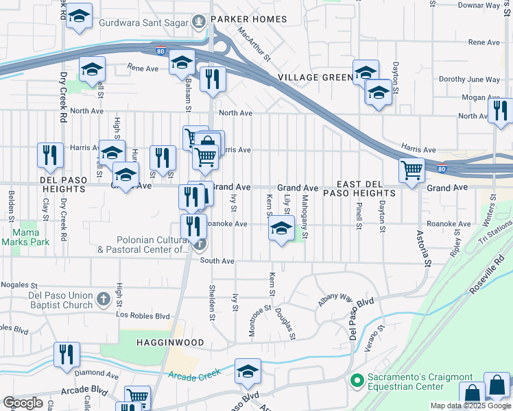 map of restaurants, bars, coffee shops, grocery stores, and more near 3724 Jasmine Street in Sacramento