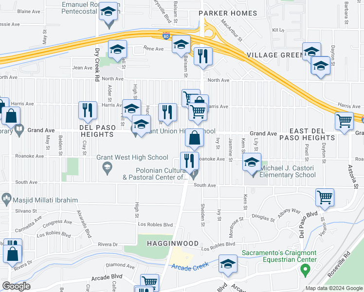 map of restaurants, bars, coffee shops, grocery stores, and more near 3721 Balsam Street in Sacramento