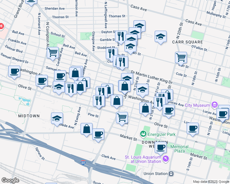 map of restaurants, bars, coffee shops, grocery stores, and more near 2637 Washington Boulevard in St. Louis