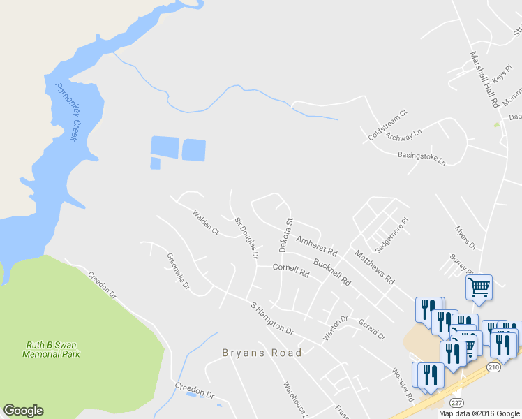 map of restaurants, bars, coffee shops, grocery stores, and more near 2603 Dakota Street in Bryans Road