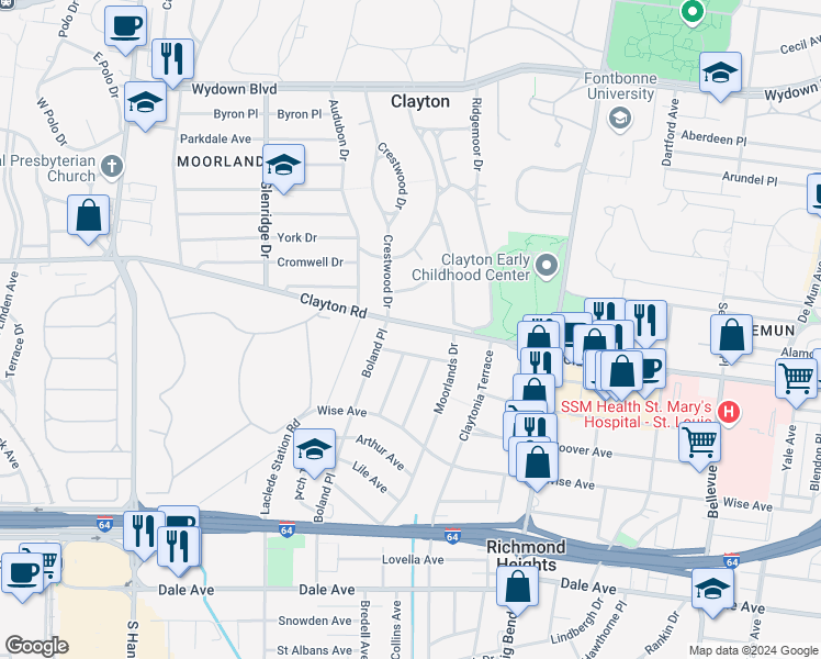 map of restaurants, bars, coffee shops, grocery stores, and more near 7240 Clayton Road in Clayton