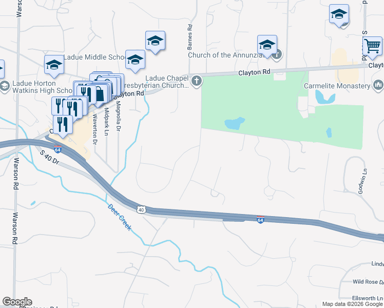 map of restaurants, bars, coffee shops, grocery stores, and more near 2 Log Cabin Drive in St. Louis