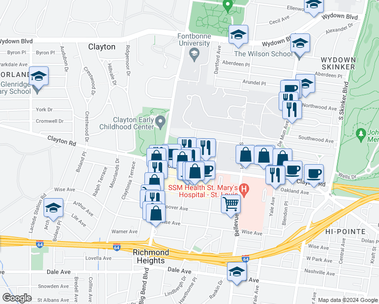 map of restaurants, bars, coffee shops, grocery stores, and more near 925 Concordia Lane in Clayton