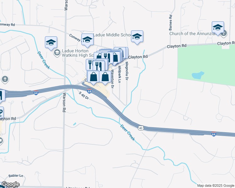 map of restaurants, bars, coffee shops, grocery stores, and more near 37 Midpark Lane in St. Louis
