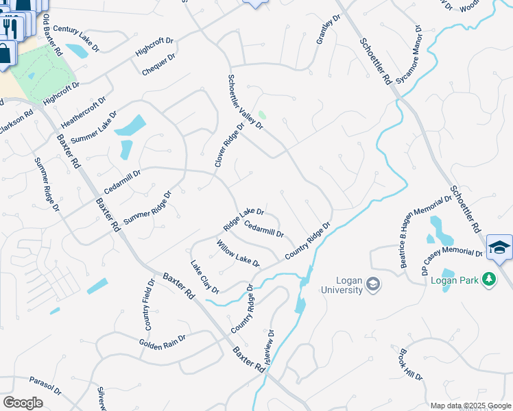 map of restaurants, bars, coffee shops, grocery stores, and more near 1902 Ridge Lake Drive in Chesterfield