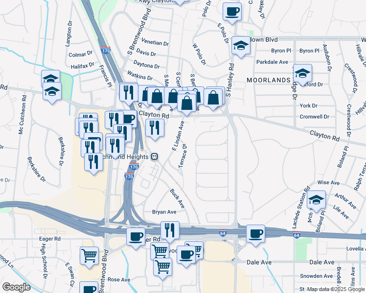 map of restaurants, bars, coffee shops, grocery stores, and more near 1053 Terrace Drive in Richmond Heights