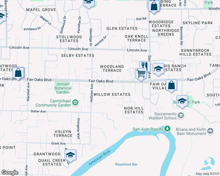 map of restaurants, bars, coffee shops, grocery stores, and more near 3940 Wisteria Lane in Carmichael