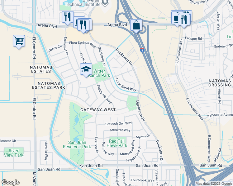 map of restaurants, bars, coffee shops, grocery stores, and more near 3689 Saintsbury Drive in Sacramento