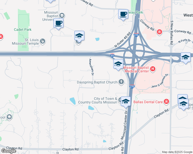 map of restaurants, bars, coffee shops, grocery stores, and more near 874 Amersham Drive in St. Louis