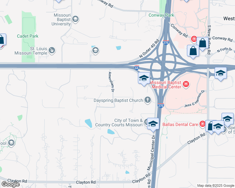 map of restaurants, bars, coffee shops, grocery stores, and more near 874 Amersham Drive in St. Louis