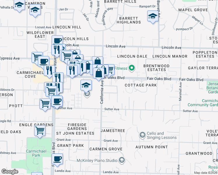 map of restaurants, bars, coffee shops, grocery stores, and more near 6220 Ross Avenue in Carmichael