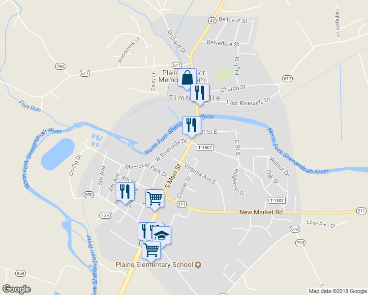 map of restaurants, bars, coffee shops, grocery stores, and more near 184 South Main Street in Timberville