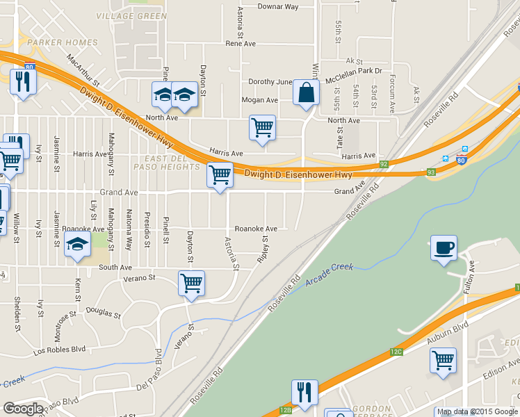 map of restaurants, bars, coffee shops, grocery stores, and more near 3721 Ripley Street in Sacramento