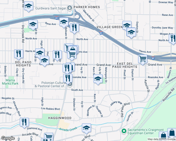 map of restaurants, bars, coffee shops, grocery stores, and more near 3724 Jasmine Street in Sacramento