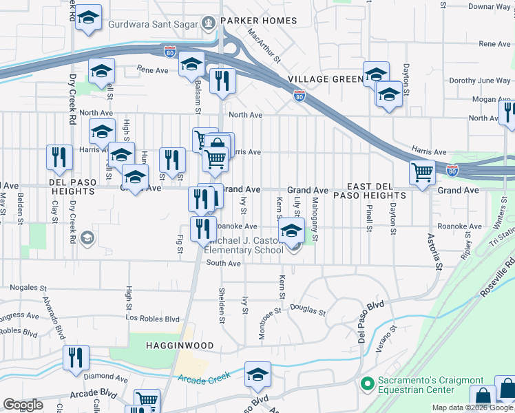 map of restaurants, bars, coffee shops, grocery stores, and more near 3724 Jasmine Street in Sacramento