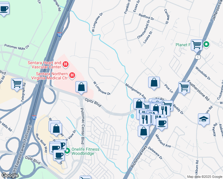 map of restaurants, bars, coffee shops, grocery stores, and more near 2110 West Longview Drive in Woodbridge