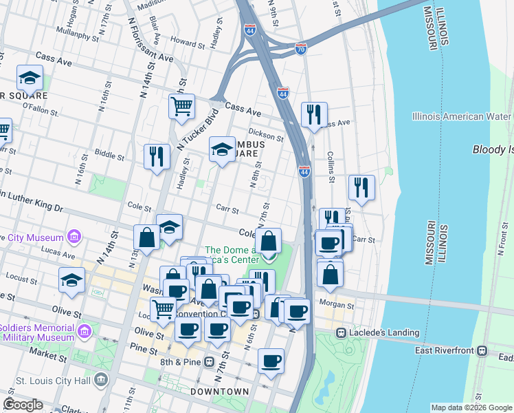 map of restaurants, bars, coffee shops, grocery stores, and more near 1109 North 7th Street in St. Louis