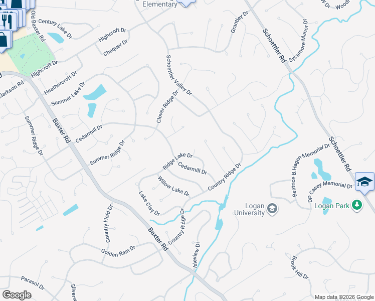 map of restaurants, bars, coffee shops, grocery stores, and more near 1902 Ridge Lake Drive in Chesterfield