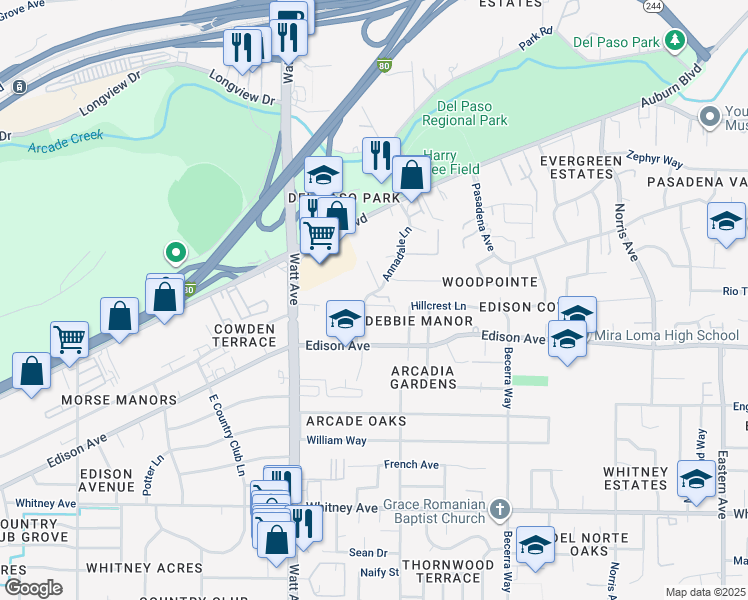 map of restaurants, bars, coffee shops, grocery stores, and more near 3836 Annadale Lane in Sacramento