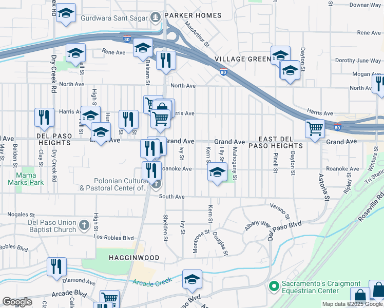 map of restaurants, bars, coffee shops, grocery stores, and more near 3723 Jasmine Street in Sacramento