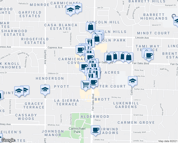 map of restaurants, bars, coffee shops, grocery stores, and more near 5825 Gibbons Dr in Carmichael
