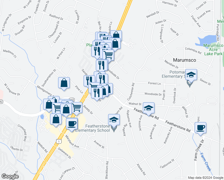 map of restaurants, bars, coffee shops, grocery stores, and more near 1710 Featherstone Road in Woodbridge