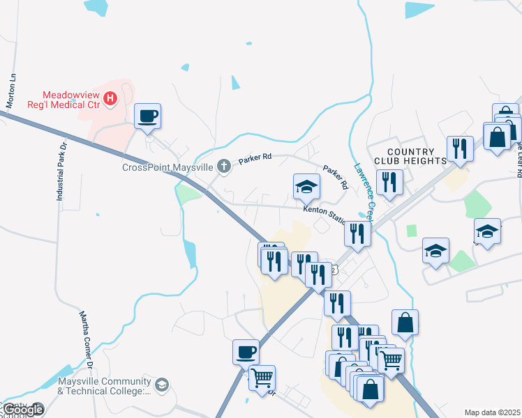 map of restaurants, bars, coffee shops, grocery stores, and more near 744 Kenton Station Road in Maysville