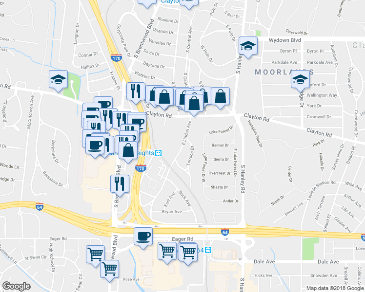map of restaurants, bars, coffee shops, grocery stores, and more near 1058 East Linden Avenue in Richmond Heights