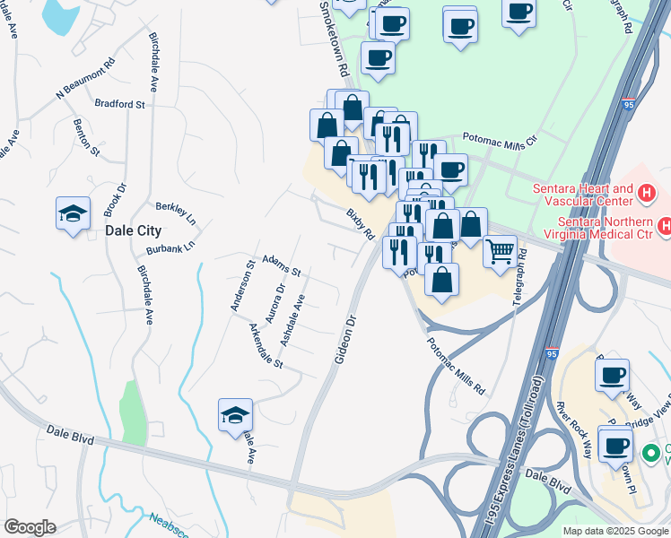 map of restaurants, bars, coffee shops, grocery stores, and more near 14599 Charity Court in Woodbridge