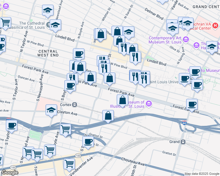 map of restaurants, bars, coffee shops, grocery stores, and more near 4041 Forest Park Avenue in St. Louis
