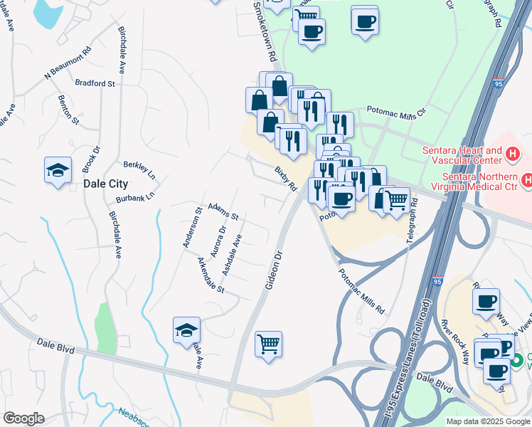 map of restaurants, bars, coffee shops, grocery stores, and more near 14599 Charity Court in Woodbridge
