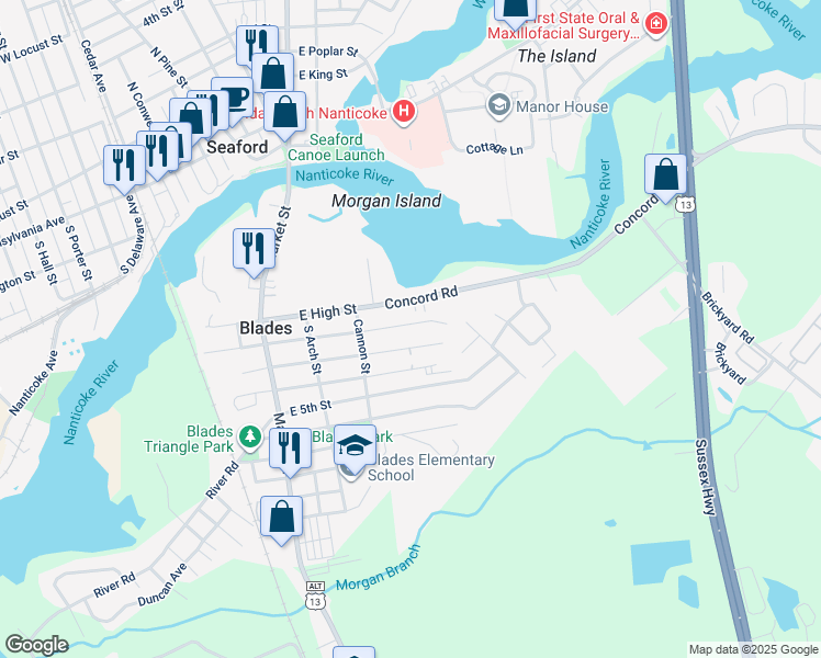 map of restaurants, bars, coffee shops, grocery stores, and more near 207 East 2nd Street in Blades